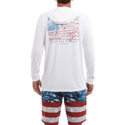 Pelagic Aquatek Reel Flag Hooded Performance Shirt (Men's) - Back on Model Thumbnail}