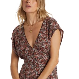 Billabong Bright Skies Mini Dress, Black Sands - Neckline Detail Thumbnail}