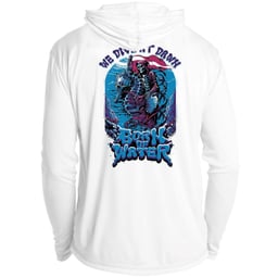Born of Water We Dive at Dawn Long Sleeve Hooded Performance Shirt Back (Hood down) Thumbnail}